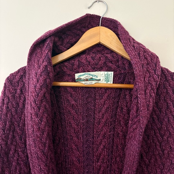 Aran Crafts 100% Merino Wool Open Front Knit Cardigan with Hood Size L Mulberry - Picture 2 of 8